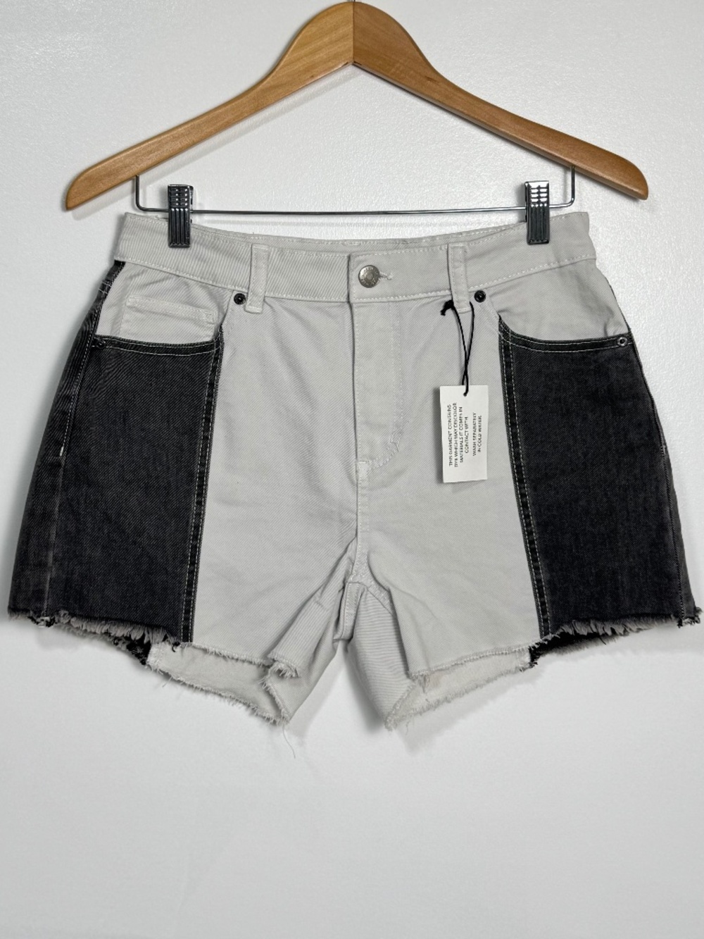 NWT DEX Colourblock Denim Shorts Grey Black High Rise Cutoff Two-tone Size 27